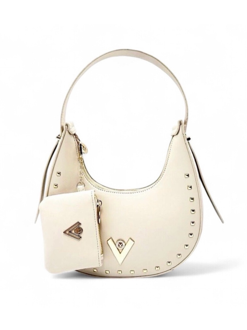 Valentino Orlandi Cream Vegan Leather Crescent Shoulder Bag with Studs/ coin